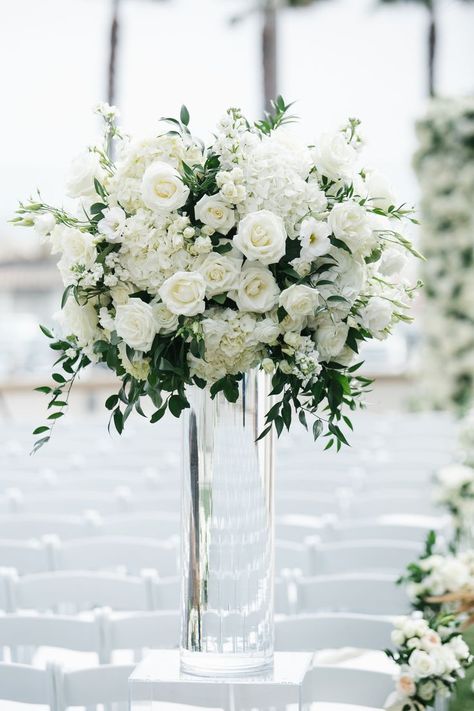 White Wedding Flowers Centerpieces, Sarah Mitchell, Wedding Floral Centerpieces, Reception Flowers, Tall Vase, Wedding Flower Inspiration, White Wedding Flowers, Flower Centerpieces Wedding, Ceremony Flowers