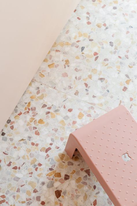 Terrazzo Tile Bathroom Floor, Pink Terrazzo Bathroom, Terrazzo Bathroom Floor, Terrazzo Bathroom Design, Terrazzo Countertop, Terazzo Floor, Summit House, Concrete Collaborative, Colourful Bathroom