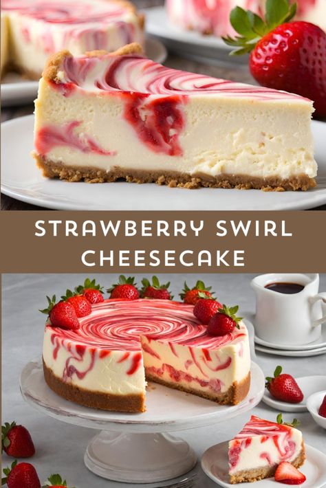 Mini Strawberry Swirl Cheesecake, Deserts Recipes Strawberries, Strawberry Jam For Cheesecake, Strawberry Syrup For Cheesecake, Cheesecake Recipes Birthday, Easy To Make Cheesecake, Fresh Strawberry Cheesecake Recipe, Strawberry Shortcake Cheesecake Rolls, Raspberry Swirl Cheesecake Recipes