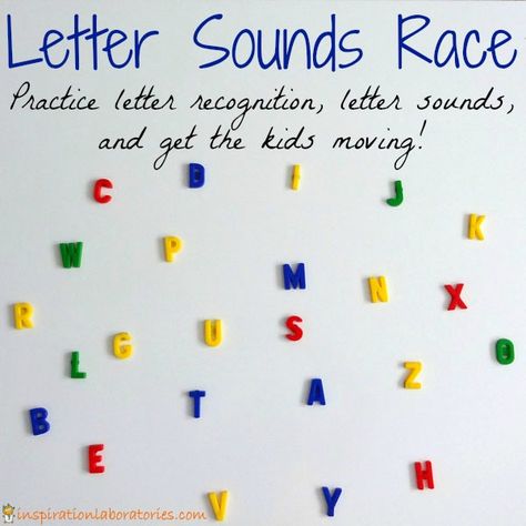 Letter Sounds Race - Practice letter recognition and letter sounds with a fun game that gets kids moving. Letter Sound Activities, Kindergarten Letters, Preschool Literacy, Teaching Letters, Letter Activities, Alphabet Preschool, Kindergarten Literacy, Phonics Activities, Kindergarten Reading