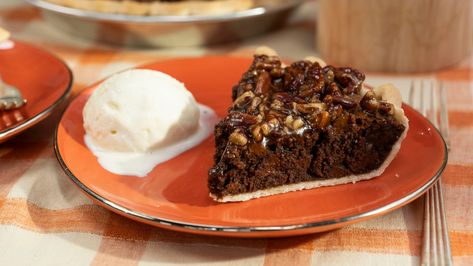 Brownie Pecan Pie Recipe | Jeff Mauro | Food Network Brownie Pecan Pie, Pecan Brownies Recipe, Pecan Treats, Jeff Mauro, Chocolate Pecan Pie, Pecan Pie Bars, Quick Easy Desserts, Pecan Pie Recipe, American Pie