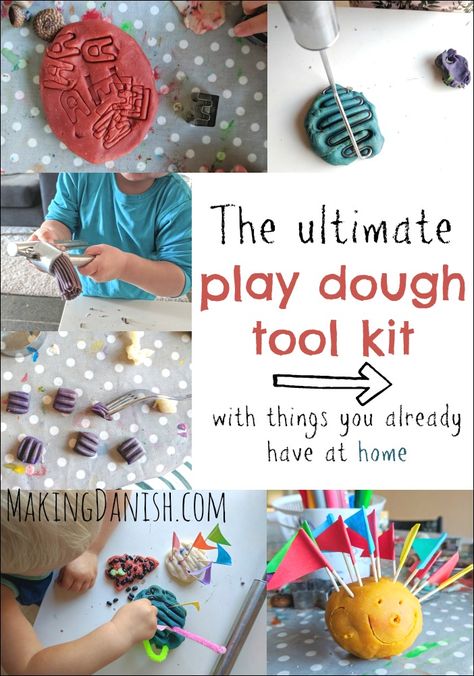 The best play dough tool kit with everyday items you already have in your home. Many hours of fun and creative play guaranteed for kids of all ages#diy #hack #playhack #playdough #simpleactivities #reuse #recycle #homemade #kitchenwarehack #kids #toddleractivity #rainyday #indooractivity #independentplay #openendedplay #toolkit #creativeplay #guide #list #crafts #preschoolactivity Diy Playdough Tools, Play Dough Tools Diy, Diy Play Dough Kit, Diy Playdough Kit, Playdough Accessories, Best Play Dough, Play Dough Gift, Diy Play Doh, Play Doh Tools