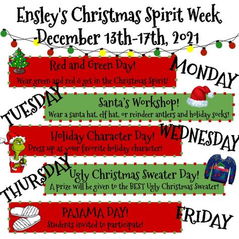 Christmas Spirit Week, Holiday Spirit Week, Spirit Week Ideas, Spirit Week Themes, Teacher Appreciation Themes, December Lessons, School Spirit Week, School Spirit Days, Best Ugly Christmas Sweater