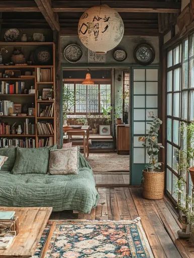 ↑↑↑ Larger size on website 🔸 The image shows a cozy living room with a rustic, traditional Japanese aesthetic. A large green sofa Wood Cozy Living Room, Japan Aesthetic House Interior, Retro Japanese Interior, Cozy Japanese Apartment, Chinese Inspired Living Room, Cozy Japanese Aesthetic, Asian Style Home Interiors, Dark Academia Living Room Aesthetic Cozy, Japanese Aesthetic Room Decor