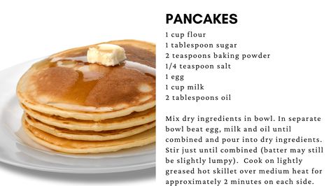 Simple way to make pancakes from scratch. Ingredients: 1 cup flour 1 tablespoon sugar 2 teaspoons baking powder 1/4 teaspoon salt 1 egg 1 cup milk 2 tablespoons oil Mix dry ingredients in bowl. In separate bowl beat egg, milk and oil until combined and pour into dry ingredients. Stir just until combined (batter may still be slightly lumpy). Cook on lightly greased hot skillet over medium heat for approximately 2 minutes on each side. Simple Pancake Recipe 3 Ingredients, Pancake Batter Recipe, Fijian Food, Easy Homemade Pancakes, Homemade Pancake Recipe, Homemade Cookbook, Pancake Recipe Easy, Pancake Recipes, Breakfast Goodies