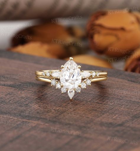 Pear Engagement Ring With Crown Band, Yellow Gold Stacking Rings, Pear Moissanite Engagement Ring, Pear Wedding Ring, Promise Rings Vintage, Pear Cut Ring, Gold Stacking Ring, Christmas Gift For Women, Moissanite Engagement Ring Set