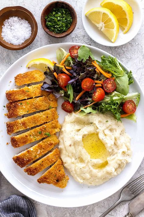 Chicken Schnitzel - Jessica Gavin Plating Ideas Chicken, Healthy Dinner Plates, Recipes For Winter Dinners, Chicken Schnitzel Sides, Main Course Dishes Restaurants, Chicken Breast Plating, Chicken Steak Plating, Restaurant Plates Ideas, Rice Plating Presentation