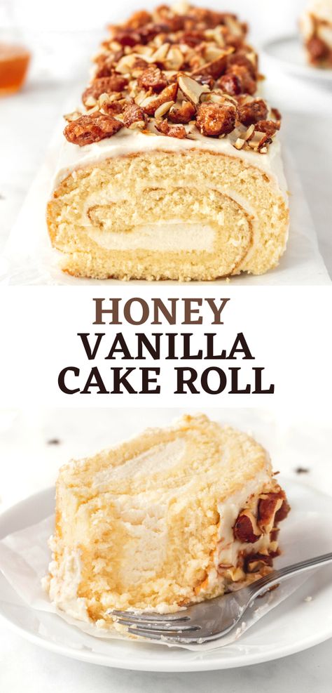 Honey Vanilla Cake Roll Honey Swiss Roll Cake, Honey Roll Cake, Fall Swiss Roll Cake, Cake Roll Flavors, Homemade Swiss Rolls, Christmas Rolls Dessert, Lemon Swiss Roll Cake, Jelly Roll Recipes, Holiday Roll Cake