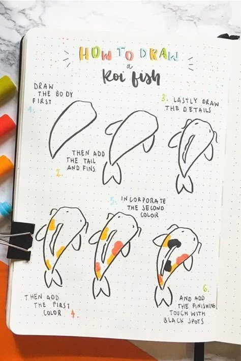 20+ best animal bullet journal DOODLES with step by step tutorials #bujo #bulletjournal #bujodoodle #doodles Koi Fish Tutorial, Arrows Wallpaper, Koi Fishes, Koi Fish Drawing, Create A Sticker, خريطة ذهنية, Animal Doodles, Bullet Journal Mood, Bullet Journal Aesthetic