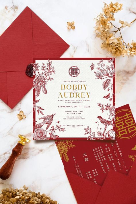 Chinoiserie Wedding Invitation Card Template, Asian Chinese Wedding Card DIY Printable Double Happiness 结婚请柬 Oriental Red Gold Love Birds https://etsy.me/3QKSk3D #redchinoiserie #chinoiserieinvite #chineseinvitation #asianinvitation #chineseweddingcard #asianwedding Chinese Engagement Invitation, Sangjit Invitation Design, Red Gold Wedding Invitations, Chinese Invitation Card, Red Invitation Card, Wedding Invitations Chinese, Invite Aesthetic, Red Gold Invitation, Creative Wedding Card