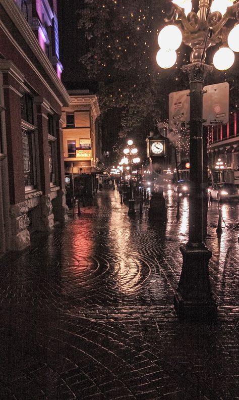 Rainy Night in Vancouver British Columbia Vancouver Downtown Aesthetic, Vancouver Canada Aesthetic Night, Rainy London Night, Sana Core Vibe, Vancouver Night Aesthetic, Downtown Vancouver Aesthetic, Downtown Pfp, Rainy London Aesthetic, Sana Core