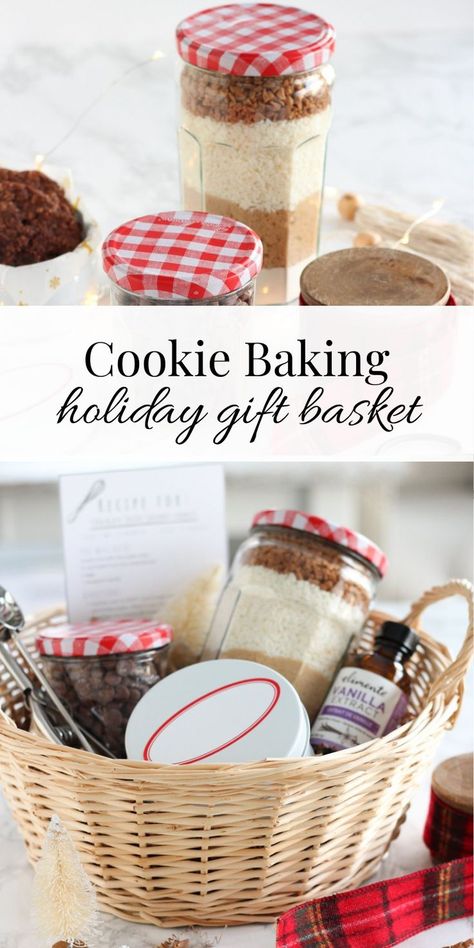 Christmas Gift Basket with Cookie Mix Jar, Chocolate Chips, Printable Recipe Card, Cookie Scoop and More Baking Gift Basket, Cookie Mix Jar, Christmas Baking Gifts, Baking Basket, Coconut Cookie, Cookie Baskets, Making A Gift Basket, Cookie Gift Baskets, Homemade Vanilla Extract