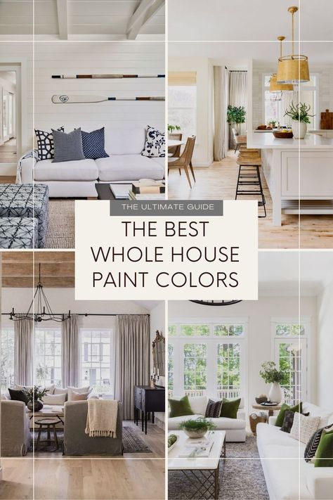 Did you know using a whole house paint color will help you create a cohesive flow throughout your entire home? Learn more about my favorite neutral colors as well as tips on how to select Kitchen And Family Room Paint Colors, Paint Color For Open Kitchen Living Room, Whole House White Paint Scheme, Farmhouse Interior White Paint Colors, Best All Over Paint Color For Home, Paint Colors Interior Home, House Color Combinations Interior, Snowbound Whole House Palette, Commercial Building Interior Paint Colors