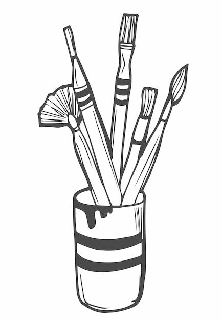 Vector artist paint brushes in a cup. ve... | Premium Vector #Freepik #vector #pencil-art #pencil-drawing #pen-drawing #sketch-art Art Supplies Drawing Illustrations, Drawings Of Paint Brushes, Paint Brush Sketch, Paint Brushes Drawing, Paint Brush Illustration, Object Sketches, Paintbrush Drawing, Scissors Drawing, Painting Objects