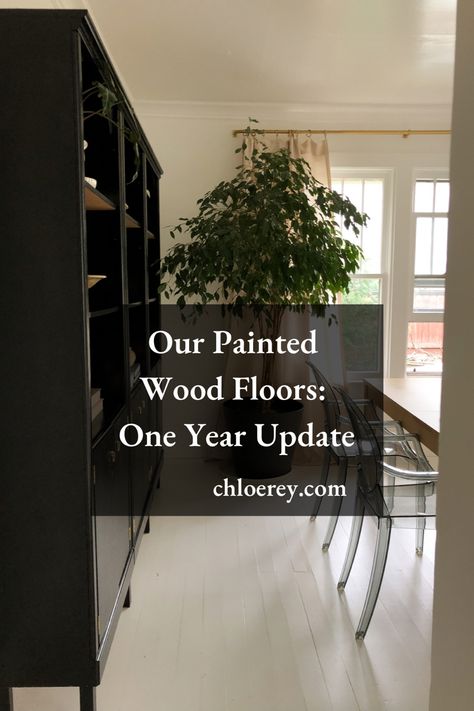 White wood painted floors flooring inspo one year later Painted Engineered Wood Floors, Old Wood Floors Painted, Painted Plank Floors, Cream Painted Wood Floors, Black Painted Floors Wood, Brown Painted Floors, Painted Wood Floors Farmhouse, Painted Wooden Floors Colour, Painting Vinyl Plank Floors