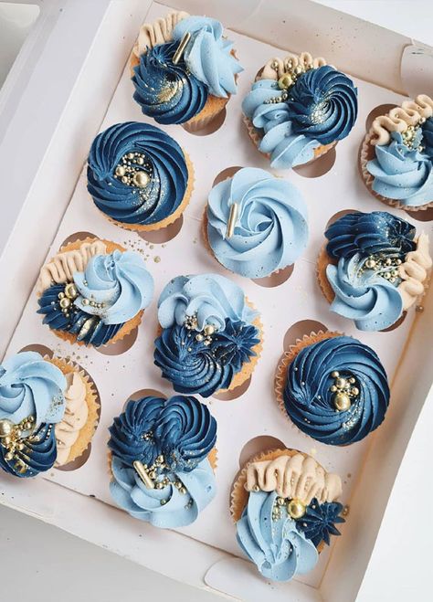 1. Blues, Nude & Gold Cupcakes Who doesn’t love those yummy scrumptious cupcakes that are all the rage in the dessert world today? I love... Blue Cupcake Designs, Blue Cupcake Decorating Ideas, Pretty Cupcake Designs, Blue Cupcake Ideas Birthday, Cupcakes Decoration Purple, Cupcakes Decoration Blue, Blue And Gold Cupcakes Ideas, Cool Cupcake Designs, Blue Cupcakes Decoration