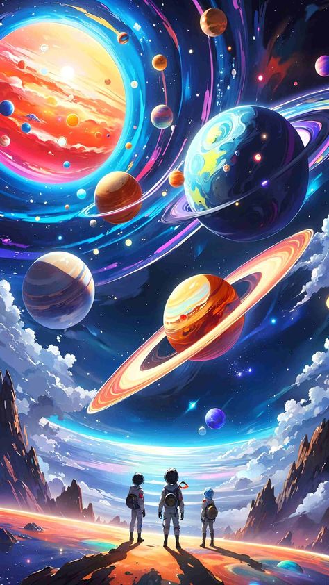 Space Technology Art, Galaxy With Planets, Outer Space Drawing, People In Space, Space Art Wallpaper, Spaceship Illustration, Outer Space Wallpaper, Space Travel Posters, Exploration Art