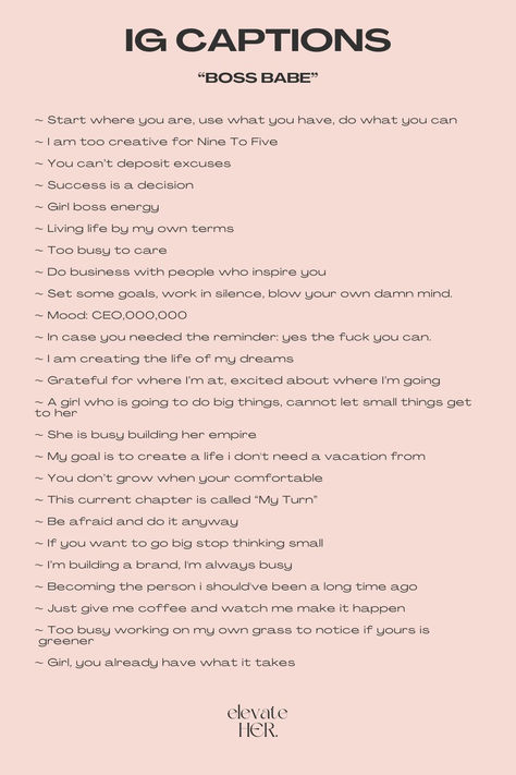 IG Captions: Boss Babe Instagram Captions Career Captions For Instagram, Motivational Ig Captions, Empowering Captions For Instagram, Buisness Insta Captions, Business Insta Captions, Diva Captions For Instagram, Ceo Captions For Instagram, Hustle Captions For Instagram, Boss Girl Captions