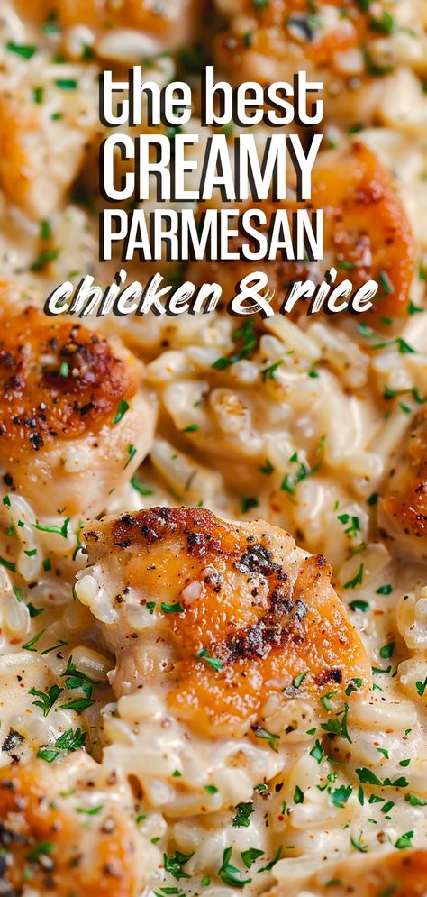 One-Pan Creamy Parmesan Chicken & Rice [40 Minutes] – Chasety Easy Pan Meals Dinners, Family Meals With Rice, Easy Dinner Recipes Family Of 4, Chicken Rice Parmesan Recipe, Chicken Bulk Meal Prep, Meaty Meals Dinners, Fall Dinners With Chicken, Healthy Fun Dinner Recipes, Easy Homemade Meals Dinners