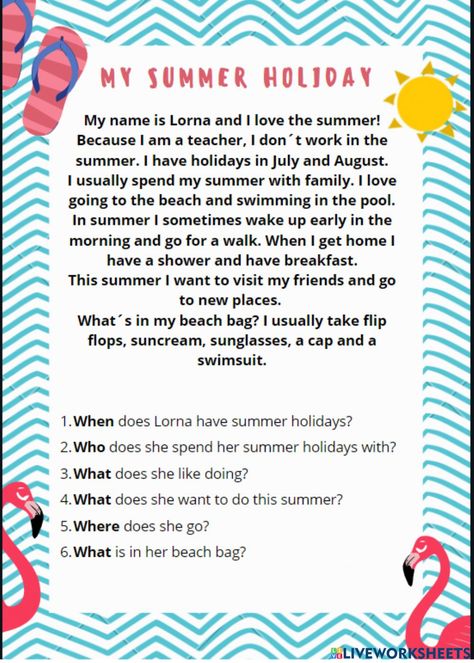 My Summer Holiday Essay, English Holiday Homework Ideas, Summer Holidays Worksheet, Summer Holidays Kids, English Pictures, Problem Solution Essay, Summer Vocabulary, Holiday Homework, Holiday Worksheets