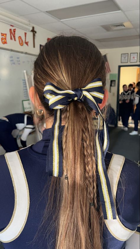 Braid Cheer Hairstyles, Cute Hairstyles Cheer, Cute Cheer Hairstyles For Short Hair, Cute Low Ponytails For Cheer, School Cheer Hairstyles With Bows, Mini Braid Ponytail, Pep Rally Hairstyles Cheer Hair, Mini Braids Ponytail, Low Cheer Ponytail With Bow