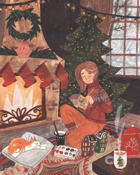 Ema Malyauka on Instagram: “My instagram already looks like a Christmas tree, but I can’t help it 😅 An another winter illustration for my friend @alices_mirror 🌲 Have…” Cozy Illustration, Cozy Art, Illustration Kunst, Winter Illustration, Dessin Adorable, Art And Illustration, Christmas Mood, Christmas Illustration, Christmas Aesthetic