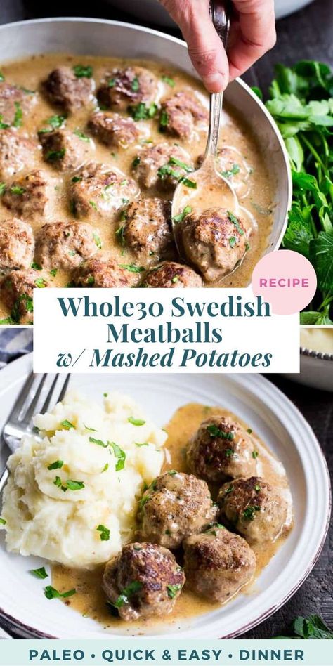 These Paleo Swedish meatballs in a creamy gravy, with dairy-free, Whole30 friendly mashed potatoes are pure comfort food for cold nights. Made with real-food ingredients, gluten-free, dairy-free, family approved! Meatballs With Mashed Potatoes, Paleo Swedish Meatballs, Gluten Free Dairy Free Dinner, Whole 30 Lunch, Whole30 Dinner Recipes, Whole 30 Meal Plan, Easy Whole 30 Recipes, Paleo Main Dishes, Mashed Potatoes Recipe