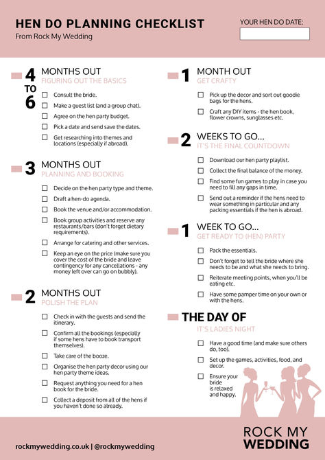 Hen Do Party Planning Checklist - Let's Go Girls! How To Plan A Hen Do, Bachelorette Trip Planning Checklist, Funny Hen Party Ideas, Hen Party Checklist, Hen Do Planning Checklist, Hen Party Itinerary Ideas, Bachelorette Planning Guide, Hen Ideas Classy, Hens Party Ideas Themes Decoration