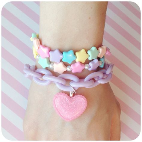 Pastel Kawaii Fairy Kei bracelet (5.38 AUD) ❤ liked on Polyvore featuring jewelry, bracelets, accessories, jewels, kawaii, beads jewellery, beading jewelry, chains jewelry, purple jewelry and chunky jewelry Melanie Martinez Style, Fairy Kei Fashion, Kawaii Fairy, Pop Punk Fashion, Pastel Kawaii, Kei Fashion, Pastel Goth Fashion, Kawaii Jewelry, Pastel Fashion