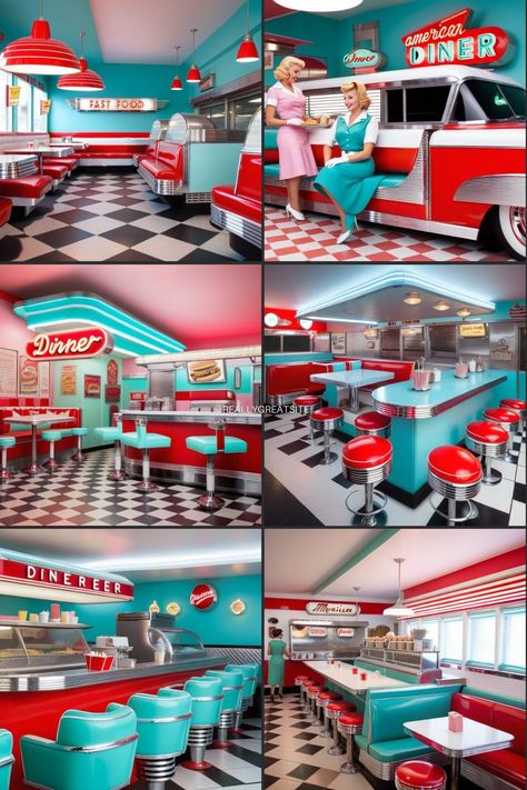 vintage style American diner images fast food at its most stylish lovely colourful images including waitress' in suitable attire images made for you with love and care 80s Fast Food Restaurant, American Style Restaurant, Retro Fast Food Restaurant, Diner Asthetic Picture, Retro Restaurant Exterior, Retro Diner Kitchen Ideas, Diner Menu 50's, American Retro Style, 50’s Diner