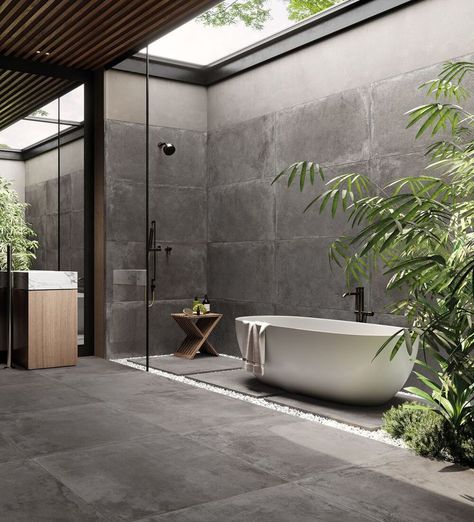 Inspired by the surface of nature, replicating color and movement. Checkout our Open Air porcelain tile collection online or in one of our showrooms. Nature Inspired Bathroom, Luxury Spa Bathroom, Home Spa Room, Indoor Outdoor Bathroom, Open Bathroom, Modern Bathroom Tile, Natural Bathroom, Outdoor Bathrooms, Toilet Design