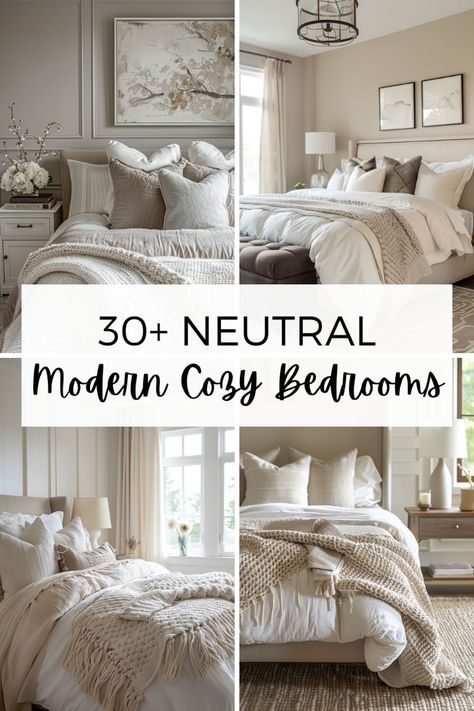 Discover over 30 stunning modern cozy bedrooms with neutral color tones. Get inspired to transform your space into a chic, serene sanctuary. Neutral Color Palette Earth Tones Master Bedrooms, Neutral Color Bedding Ideas, Bedroom Decor Master Color Schemes Neutral, Tan Master Bedrooms Decor, Cream White Bedroom Ideas, Cozy Neutral Bedding, Pure Salt Interiors Bedroom, Master Bed Comforter Ideas, Tan Bed Frame Room Ideas