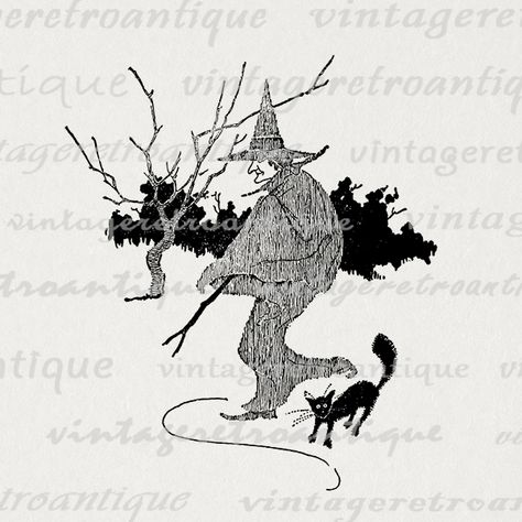 Printable Witch and Black Cat Graphic Image Halloween Digital Download Vintage Clip Art  @ vintageretroantique.com #Printable #Digital #Image #Art #VintageRetroAntique #Clipart #Download #Vintage #Antique #Artwork #Illustration Witch And Black Cat, Spider Graphic, Image Halloween, Vintage Clip Art, Clip Art Vintage, Halloween Digital, Cat Graphic, Vintage Clip, Printable Image