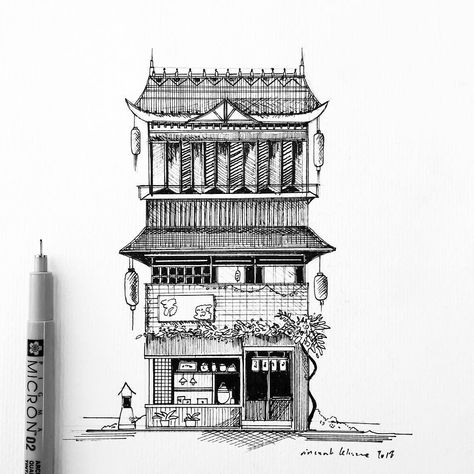 Japanese House Drawing Sketches, Japanese Architecture Painting, Pen Art Buildings Architectural Sketches, Drawing Japanese House, Japanese Houses Drawings, Japanese Building Sketch, Japan Building Drawing, Pen Building Drawing, Japanese Building Art