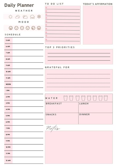 the daily planner is shown in pink Planner February, Daily Planner Ideas, Pink Daily Planner, Planner Monthly Layout, Cute Daily Planner, Planning School, Printing Idea, Free Planner Templates, Daily Planner Printables Free