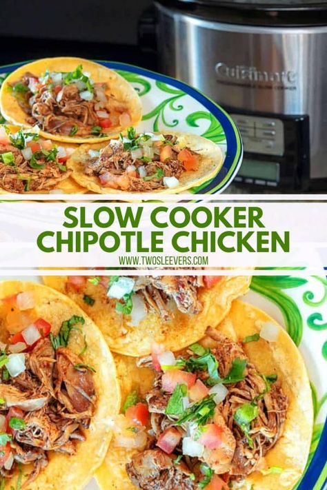 This Slow Cooker Chipotle Chicken Recipe comes out perfectly tender, moist and full of delicious chipotle flavor! Slow Cooker Chipotle Chicken | Chipotle Chicken Recipe | Crock Pot Chipotle Chicken | Copycat Chipotle Chicken | TwoSleevers #chipotlechicken #slowcookerchipotlechicken #slowcookerchicken #copycatchipotlechicken Keto Barbacoa, Chipotle Chicken Copycat, Chicken Recipe Keto, Copycat Chipotle Chicken, Chipotle Chicken Recipe, Chicken Chipotle, Chipotle Copycat Recipes, Chipotle Recipes Chicken, Slow Cooker Thai Chicken