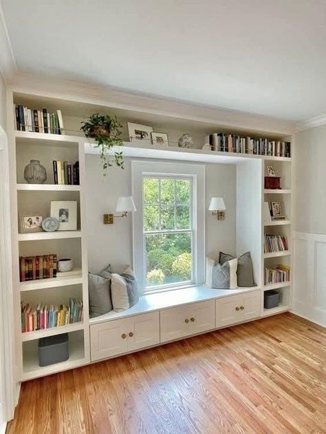 Bookcases Built Around Windows, Built In Bookcase With Window Seat, Built In Bookcase Around Window, Window Built Ins With Bench, Bookcase Around Window, Library Window Seat, Built In Bookshelves Around Window, Built Ins Around Window, Bedroom Bookcase