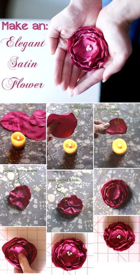 Elegant Satin Flower Pin Tutorial Lilla Rose Hairstyles Tutorials, Satin Flowers Diy Fabric Roses, How To Make Rose Flower With Fabric, Satin Flower Hair Clips, Drawstring Bag Tutorials, Satin Flowers, New Baby Girls, Elegant Flowers, Big Flowers