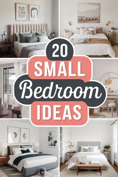 Collage of stylish small bedroom design ideas, featuring neutral tones and modern decor. How To Arrange A Small Bedroom Ideas, Small Bedroom Staging, How To Furnish A Small Bedroom, Bedroom Ideas For Small Bedrooms, Tv On Dresser In Bedroom Decor, How To Style A Small Bedroom, Small Bedroom Makeover On A Budget, Medium Size Bedroom Ideas, How To Arrange Bedroom Furniture