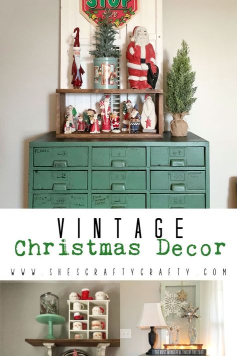 Decorating With Vintage Christmas Items, Vintage Christmas Tins, Vintage Christmas Display Ideas, Vintage Christmas Vignettes, Christmas Vignettes Display, Vintage Christmas Decorations Diy, Design Vignettes, Christmas Shop Displays, Glass Jars Diy