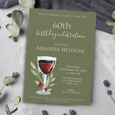 Kraft Invitation, Glass Roses, Watercolor Party, Surprise Party Invitations, Surprise Birthday Invitations, Rustic Birthday, 50th Birthday Party Invitations, Birthday Wine Glass, 60th Birthday Invitations