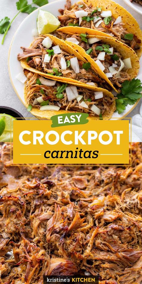 The BEST Carnitas Recipe!! This Mexican pulled pork is tender and juicy with the best crispy edges. Making this crockpot carnitas recipe in the slow cooker means it's easy and perfect for making ahead. Use this crispy carnitas to make pork tacos, enchiladas, quesadillas, nachos, plus more meal ideas for leftover carnitas. Best Carnitas Recipe, Crockpot Carnitas Recipes, Best Carnitas, Tacos Crockpot, Crockpot Carnitas, Mexican Pulled Pork, Pork Crockpot Recipes, Pork Carnitas Slow Cooker, Chicken Tacos Crockpot