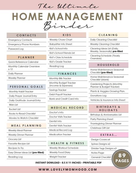 Household Binder, Home Management Binder, 2024 Printable, Dinner Planner, Weekly Cleaning Checklist, Dentist Visit, Home Binder, School Info, Binder Organization