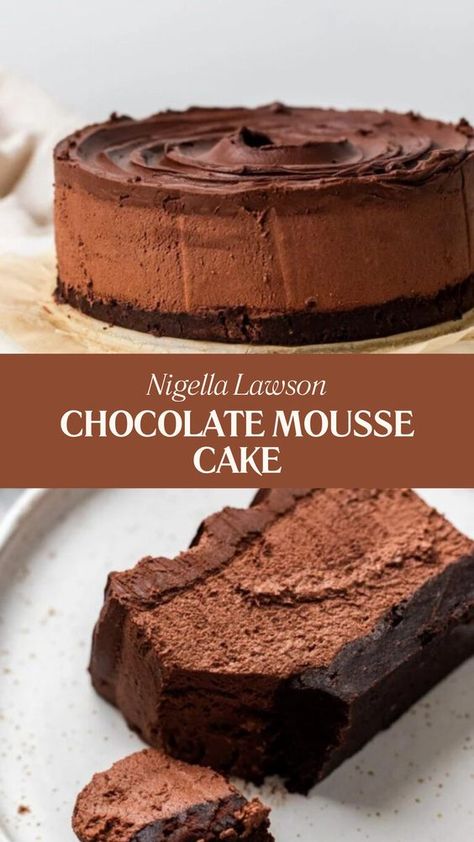 Nigella Chocolate Mousse Cake consists of a soft chocolate cake layered and covered with rich chocolate mousse. It serves 6 and takes about 2 hours to prepare and set, combining baking and chilling time a decadent treat for chocolate lovers! Muse Chocolate Cake, Baked Chocolate Mousse, Very Chocolate Desserts, Impressive Chocolate Desserts, Chocolate Chocolate Cake Recipe, Olive Garden Chocolate Mousse Cake, Best Chocolate Mousse Cake Recipe, Hot Milk Chocolate Cake, Truffle Chocolate Cake