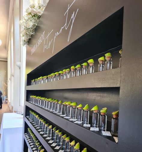 Yasmin - Wedding Planner & Florist on Instagram: "Wall of @patron 🍋🧂 ⠀⠀⠀⠀⠀⠀⠀⠀⠀ Our new show-stopping shot wall is available for individual hire, or as part of your wedding package. Perfect for showcasing your shot favours (putting them on the table is so 2021) This beauty has now been booked 4 times since it’s first outing just 4 days ago! Definitely a winner 💃🏼 We can personalise the writing, paint in any colour and have various different options available for your shots of choice and decor Shots Wall Wedding, Shot Cart Wedding, Welcome Shots Ideas, Shot Wall Party, Shot Wall Wedding, Shot Board, Wedding Drinks Reception, Drink Wall, Birthday 15