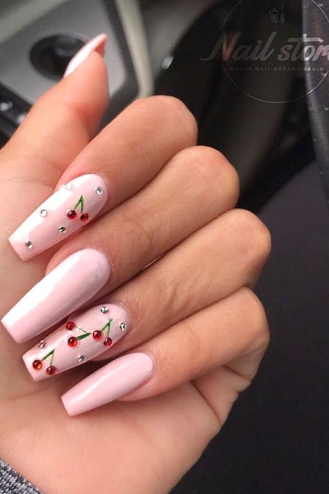 Light Pink Cherry Nails, Pink Nails With Cherries, Pink Cherry Nails, Nails With Cherries, Cream Nail Art, Cherry Nails, Her Nails, Cream Nails, Summer Acrylic Nails