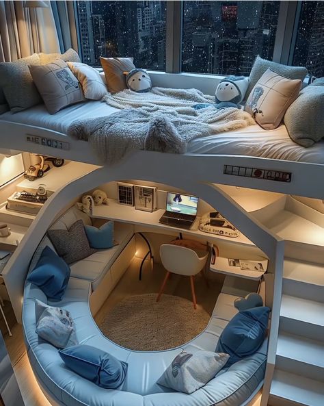 Cute House Ideas Interior, Luxury Dorm Room Interior Design, Dream Room Design, Aesthetic Bunk Bed Rooms, Unique Bedroom Design Awesome, Awesome Bedrooms Dream Rooms, House Design Interior Bedrooms, Room Organization Bedroom Ideas, Cute Room Ideas For Small Rooms Bedrooms