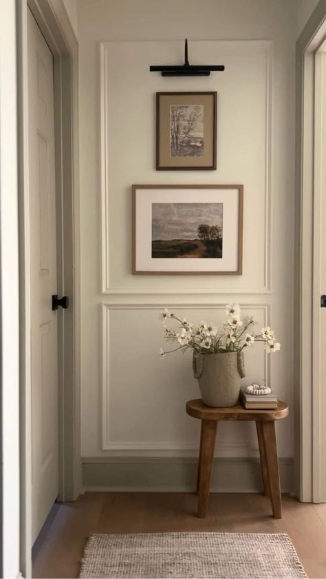 Hallways Wall Decor, Small Home Hallway Ideas, Upstairs Hallway Decorating Ideas, Picture Frame Moulding Hallway, Hallway Wall Picture Ideas, Front Hallway Decorating, Hallway Picture Molding, Hallway Wall Trim Ideas, Hall Picture Wall