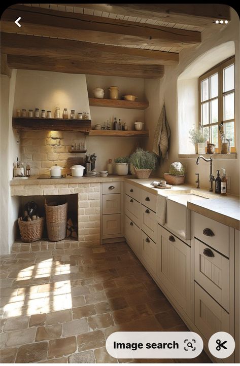 Vintage Cottage Kitchens Farmhouse Style, Cozy Rustic Home Aesthetic, Country Aesthetic Home, European Home Aesthetic, Small Farmhouse Interior, Cheap Countertop Ideas, Italian Kitchen Aesthetic, Small Cottage Homes Interior, Country Home Aesthetic