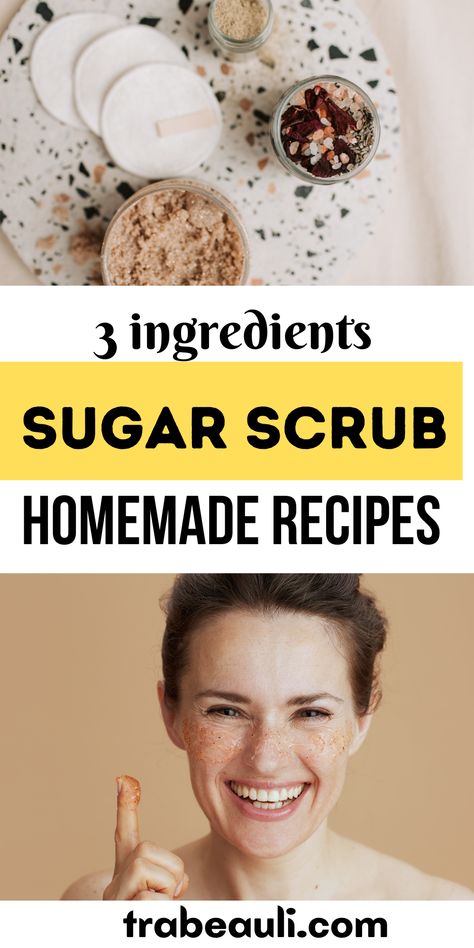 3 ingredients sugar scrub Diy Natural Face Scrub, Face Sugar Scrub Diy, Homemade Face Scrub Exfoliate, Facial Scrubs Homemade, Diy Exfoliating Face Scrub, Diy Sugar Scrubs, Homemade Facial Scrub, Diy Facial Scrub, Sugar Scrub Homemade Recipe